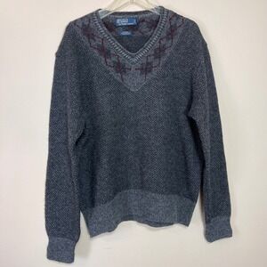 Polo Ralph Lauren Men's V-Neck‎ Sweater L Wool Alpaca Blend Argyle Gray